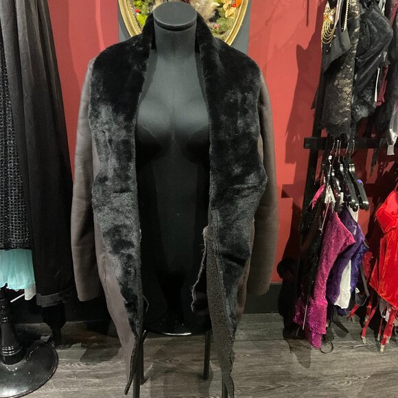 Victor Hugo Leather Faux Fur Open Front Coat Long Sleeve Lightweight Sz S Brown - Picture 1 of 2